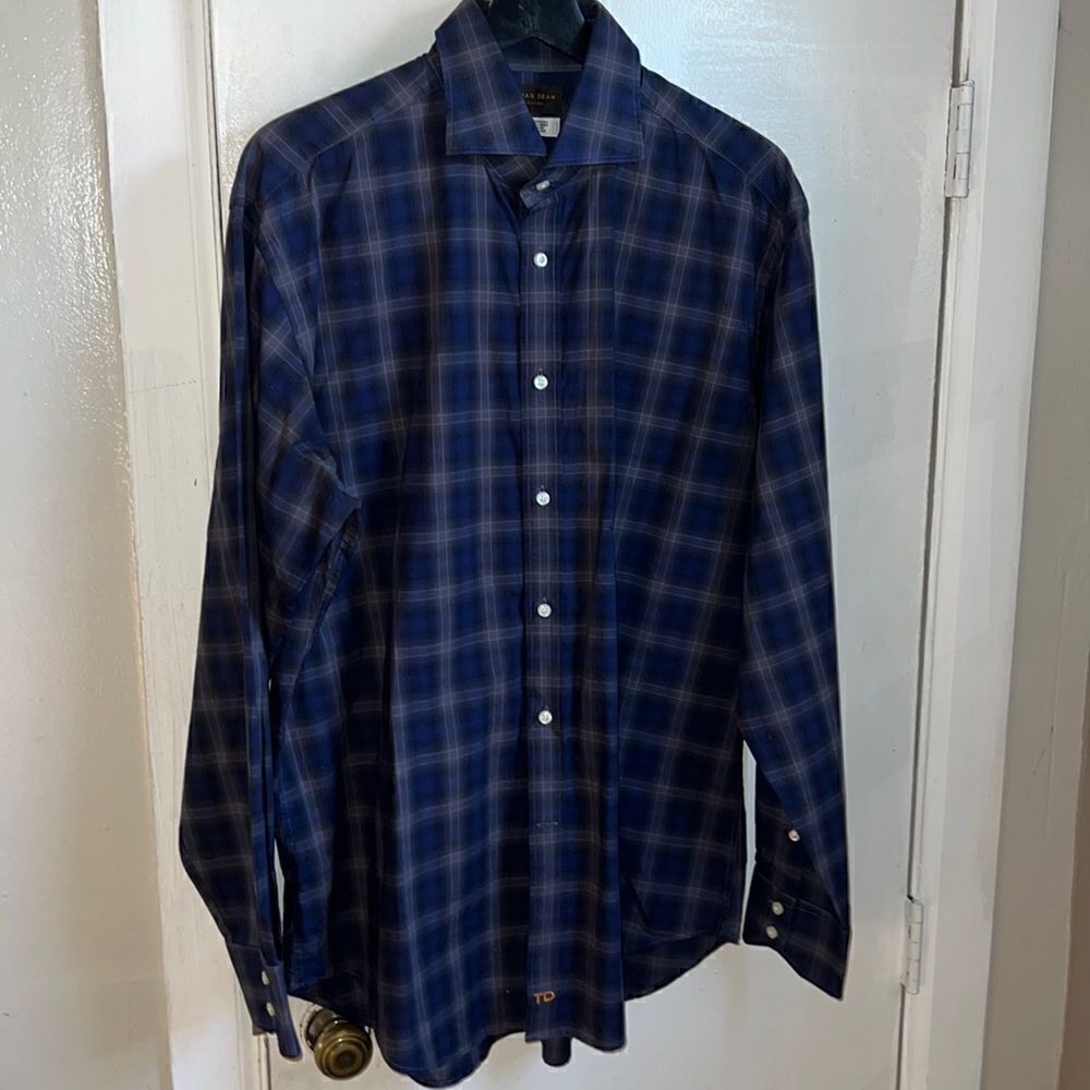 THOMAS DEAN Cobalt Blue and Grey Plaid L/S Button Up Shirt-L